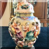 P03. Capodimonte urn with top. Cracked and repaired. 11.5”h - $18 